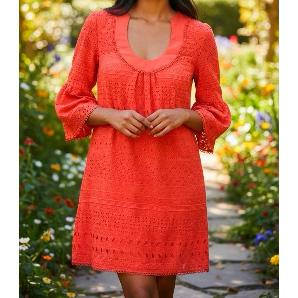 Trina Turk Bonita Embroidered Eyelet Dress Orange Poppy Size 0 Bell Sleeve